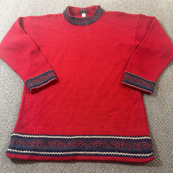 Kotare Pullover Sweater Womens Red Blue Ikat Knit Crew Neck Long Sleeve Holiday - Picture 1 of 7